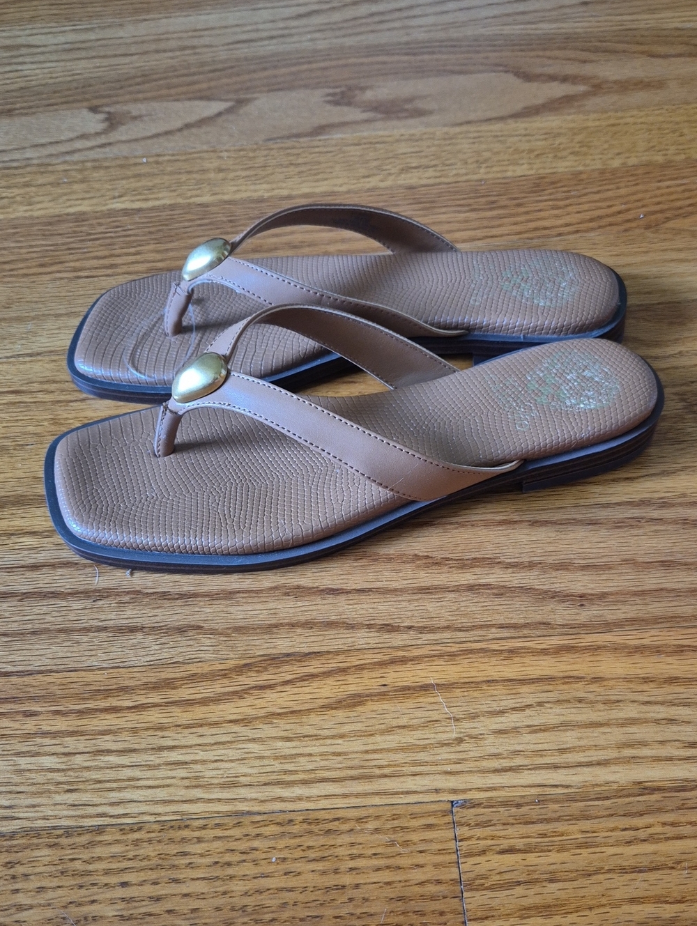 Vince Camuto Brown Thong Sandals with Gold Medallion
